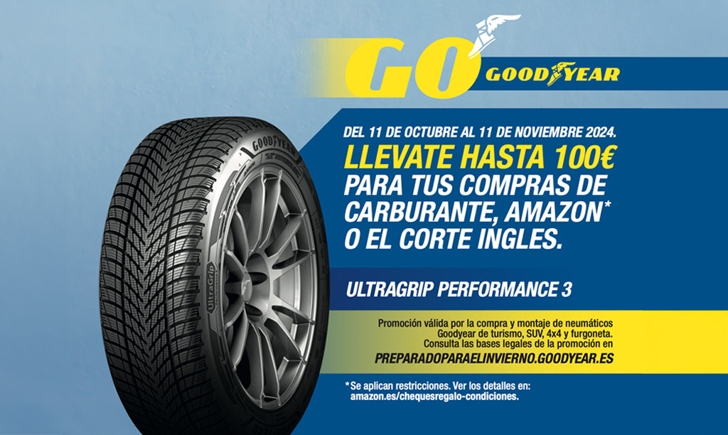 Compra neumáticos Goodyear de verano, todo tiempo e invierno y llévate un cupón de 100€ para gastar en El Corte ingles, Amazon o Cepsa.