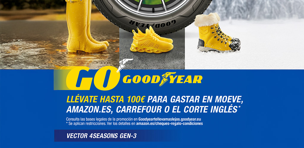 Llévate hasta 100€ en cheques para carburante Moeve, Amazon.es, ECI y Carrefour por la compra de neumáticos Goodyear de Verano, All season o Winter.