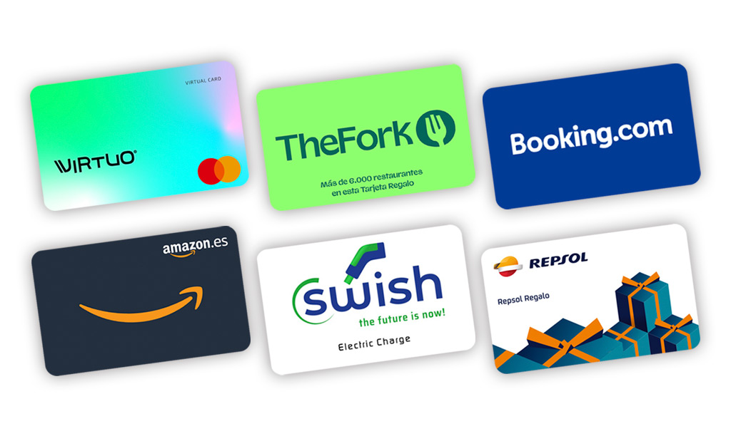 Tarjetas de combustible y regalos: Repsol, Swish, Booking, TheFork, Amazon y Virtuo.